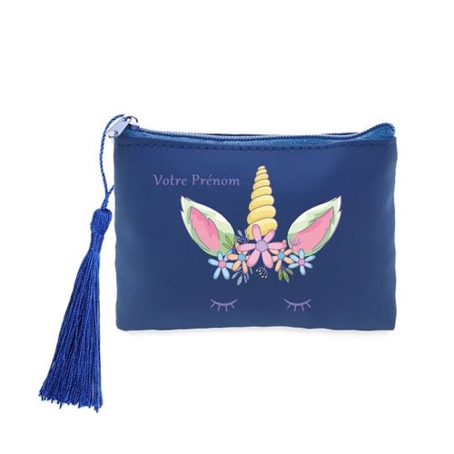 Porte monnaie et cles bleu licorne floral personnalisable