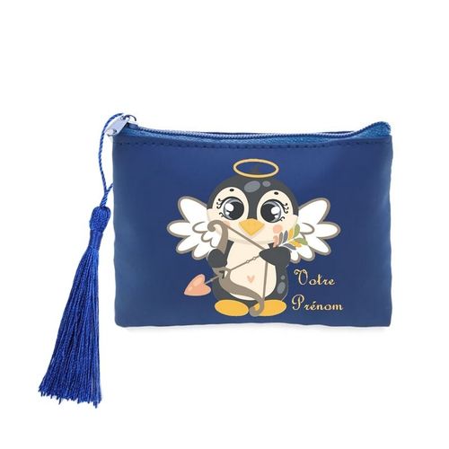 Porte monnaie et cles bleu pingouin cupidon et coeur personnalise