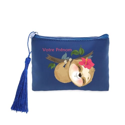 Porte monnaie et cles bleu paresseux kawaii personnalisable