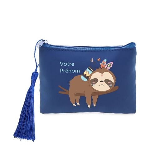 Porte monnaie et cles bleu paresseux boho et plume personnalisable