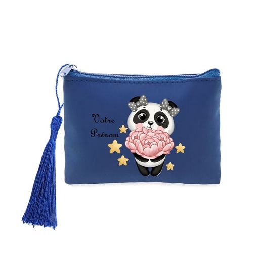 Porte monnaie et cles bleu panda fleur kawaii personnalisable