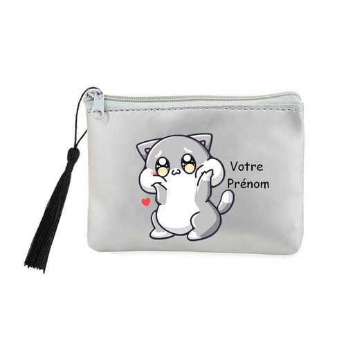 Porte monnaie et cles gris chat kawaii personnalisable