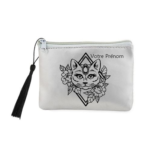 Porte monnaie et cles gris chat fleur personnalisable
