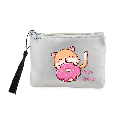 Porte monnaie et cles gris chat donut personnalisable