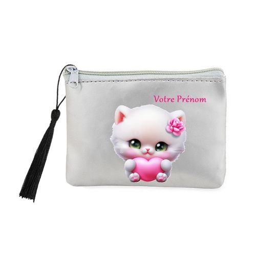 Porte monnaie et cles gris chat peluche personnalisee