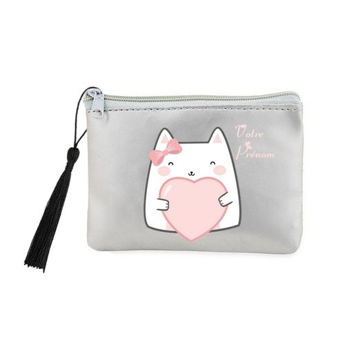 Porte monnaie et cles gris chat coeur personnalisee