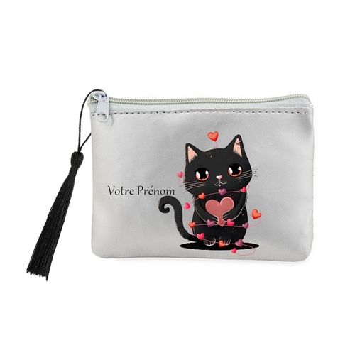 Porte monnaie et cles gris chat saint valentin et coeur personnalisee