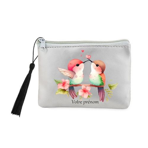 Porte monnaie et cles gris oiseau colibri et coeur personnalise