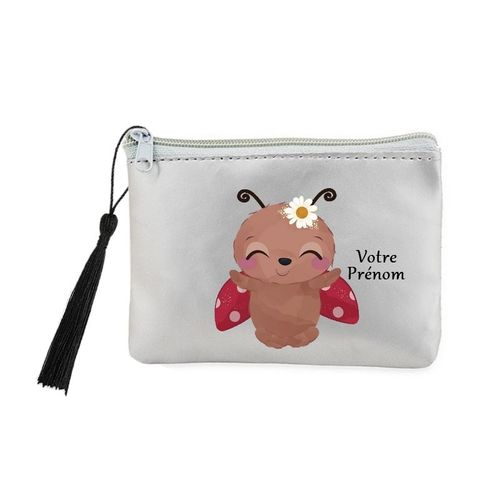 Porte monnaie et cles gris coccinelle et fleur personnalisable