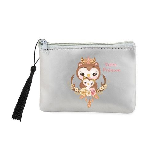 Porte monnaie et cles gris chouette maman personnalisable