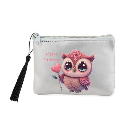 Porte monnaie et cles gris chouette et fleur personnalise