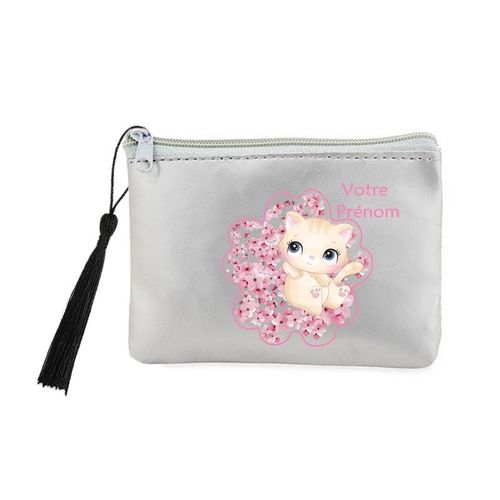 Porte monnaie et cles gris chat et fleur de cerisier personnalisable