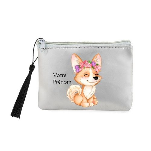 Porte monnaie et cles gris chien et fleurs kawaii personnalisable