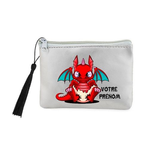 Porte monnaie et cles gris dragon kawaii rouge personnalisable