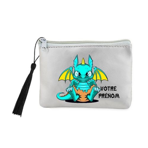 Porte monnaie et cles gris dragon kawaii bleu personnalisable