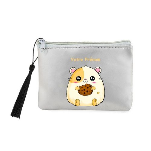 Porte monnaie et cles gris hamster cookie kawaii personnalisable