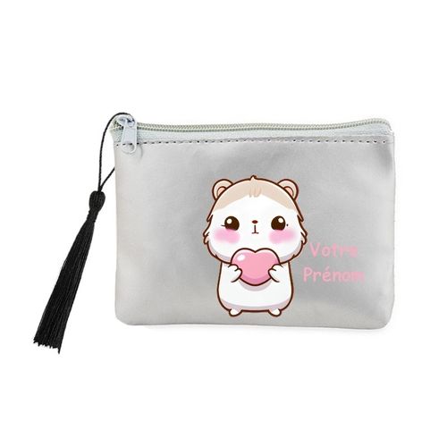 Porte monnaie et cles gris hamster coeur kawaii personnalisable