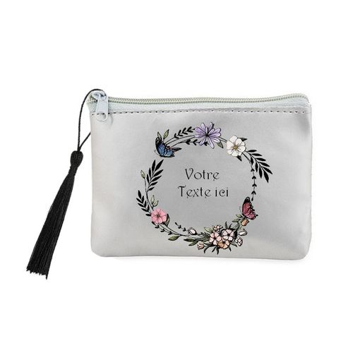 Porte monnaie et cles gris fleur et papillon personnalisee
