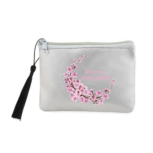 Porte monnaie et cles gris fleur de cerisier personnalisee