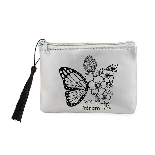 Porte monnaie et cles gris papillon femme fleur personnalisee
