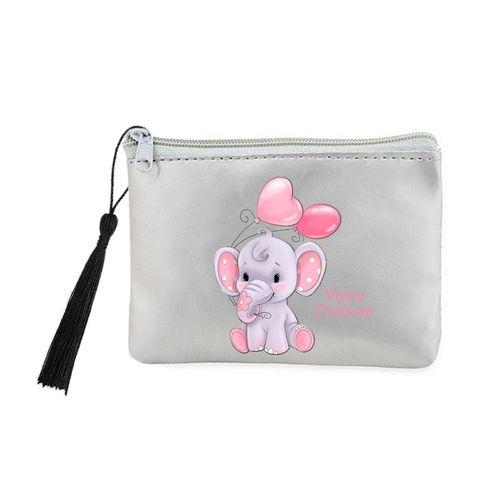 Porte monnaie et cles gris elephant et coeur personnalisable