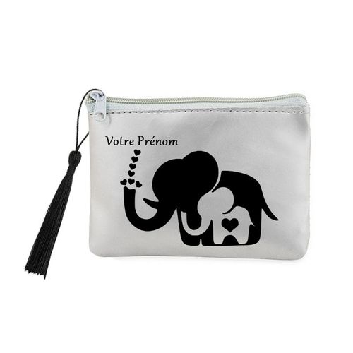 Porte monnaie et cles gris elephant et maman coeur personnalisable