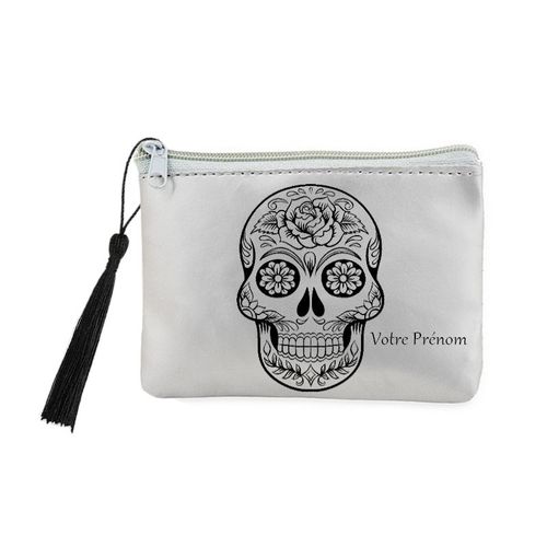 Porte monnaie et cles gris mort noir mexicaine calavera personnalisable