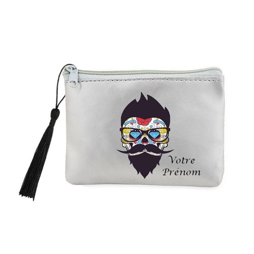 Porte monnaie et cles gris mort hipster mexicaine a lunettes personnalisable