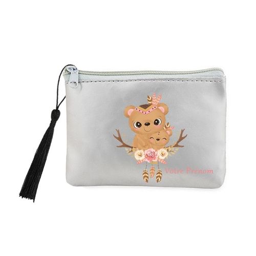 Porte monnaie et cles gris ourson maman personnalisable