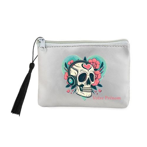 Porte monnaie et cles gris Mort calavera coeur music personnalisable