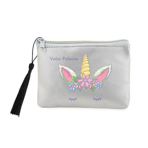 Porte monnaie et cles gris licorne floral personnalisable