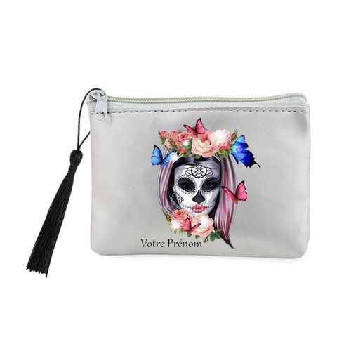 Porte monnaie et cles gris Mort calavera fleur mexicaine personnalisable