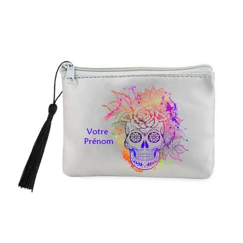 Porte monnaie et cles gris Mort calavera fleur multicolore personnalisable