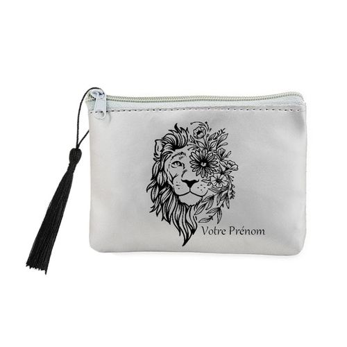 Porte monnaie et cles gris lion fleur jungle personnalisable