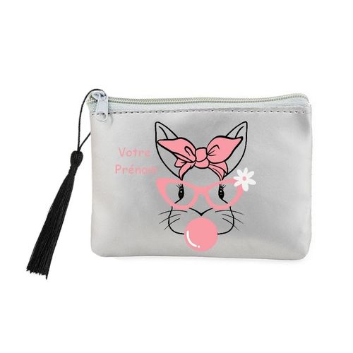 Porte monnaie et cles gris lapin lunettes et noeud personnalisable