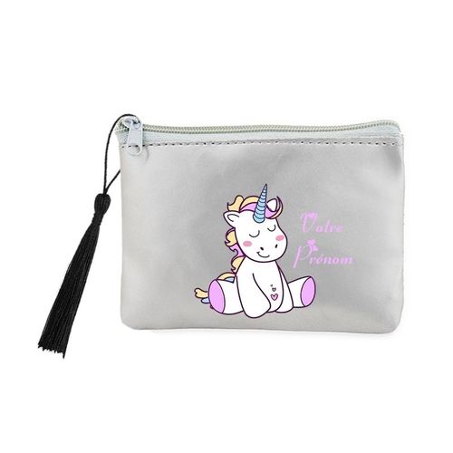 Porte monnaie et cles gris licorne enjoy personnalisee