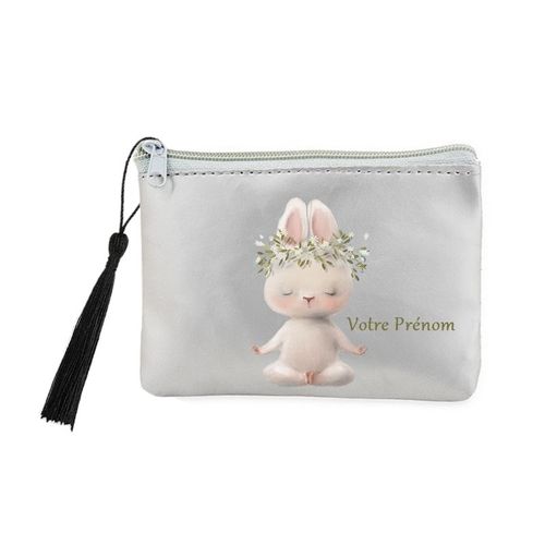 Porte monnaie et cles gris lapin yoga zen personnalisable