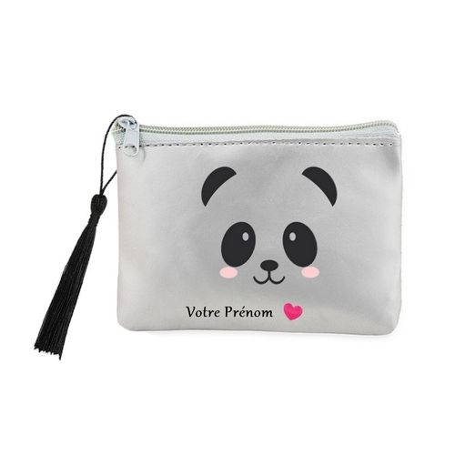 Porte monnaie et cles gris panda coeur kawaii personnalisee