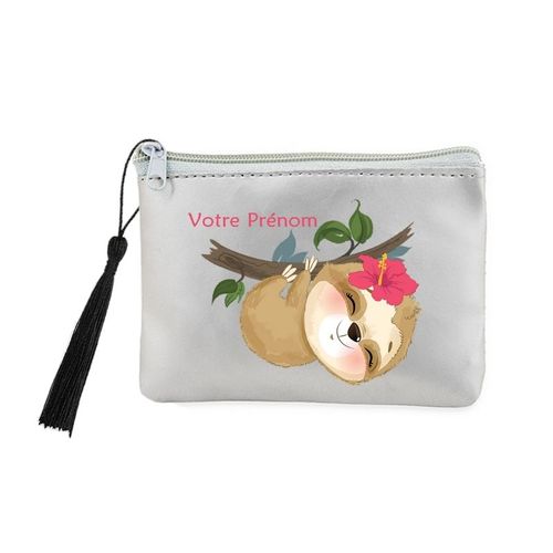 Porte monnaie et cles gris paresseux kawaii personnalisable
