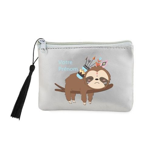 Porte monnaie et cles gris paresseux boho et plume personnalisable