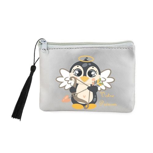 Porte monnaie et cles gris pingouin cupidon et coeur personnalise