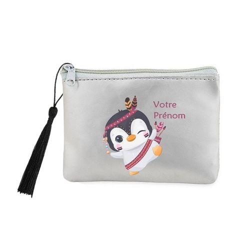 Porte monnaie et cles gris pingouin boho et plume