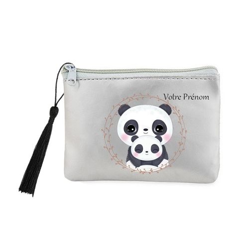 Porte monnaie et cles gris panda maman personnalisable