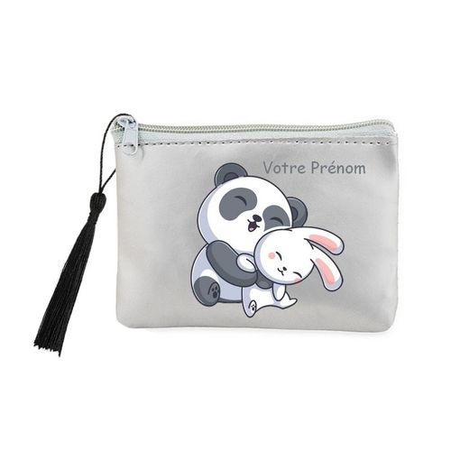Porte monnaie et cles gris panda et lapin kawaii personnalisable