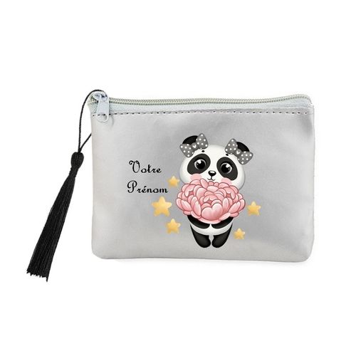 Porte monnaie et cles gris panda fleur kawaii personnalisable
