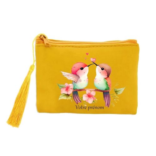 Porte monnaie et cles jaune oiseau colibri et coeur personnalise