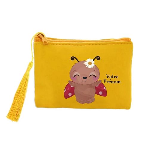 Porte monnaie et cles jaune coccinelle et fleur personnalisable