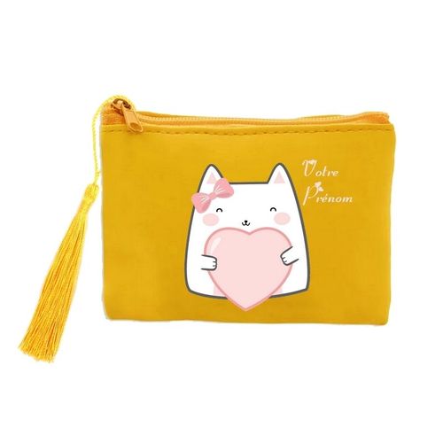 Porte monnaie et cles jaune chat coeur personnalisee