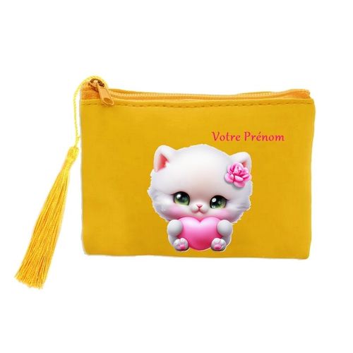 Porte monnaie et cles jaune chat peluche personnalisee