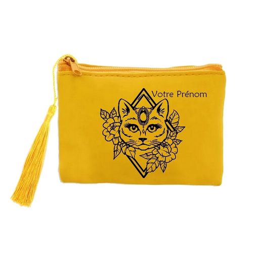 Porte monnaie et cles jaune chat fleur personnalisable